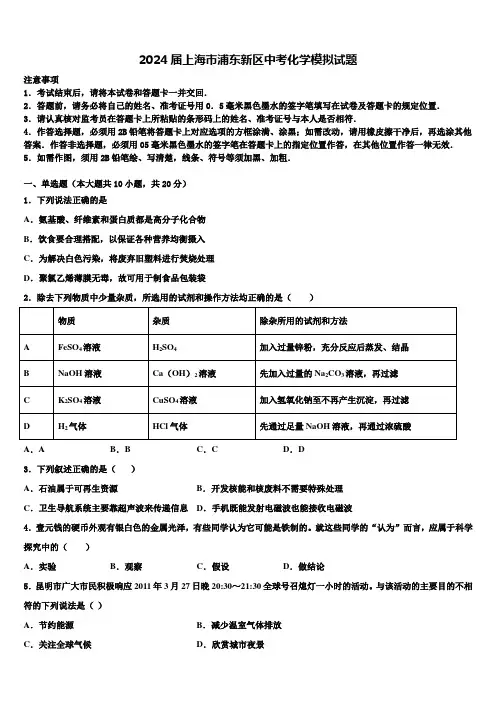 2024届上海市浦东新区中考化学模拟试题含解析
