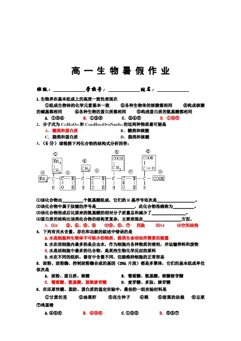高一生物暑假作业
