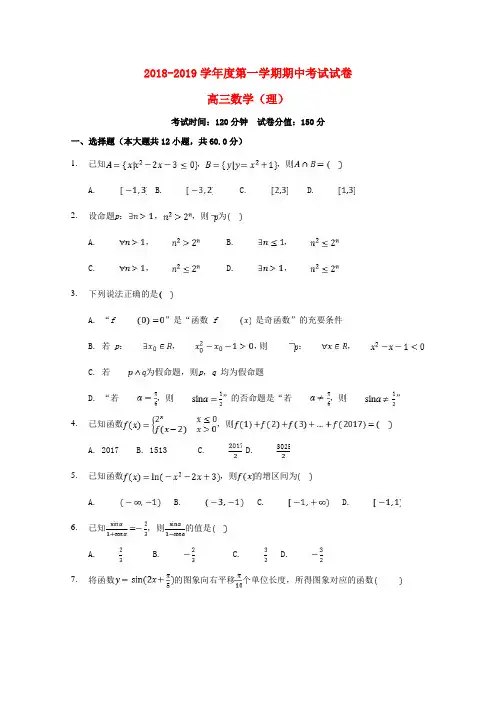 安徽省蚌埠市第十二中学2019届高三数学上学期期中试题 理(无答案)