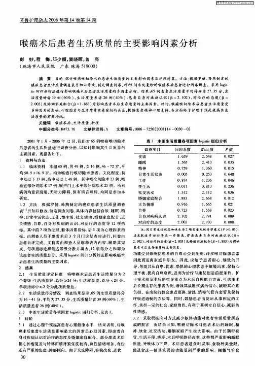 喉癌术后患者生活质量的主要影响因素分析