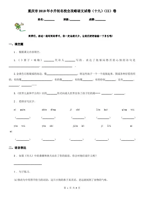 重庆市2019年小升初名校全攻略语文试卷(十九)(II)卷