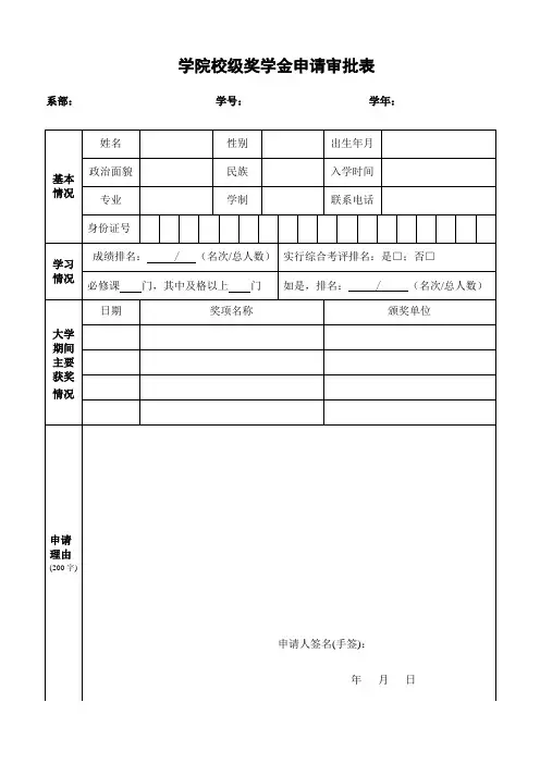 学院校级奖学金申请审批表