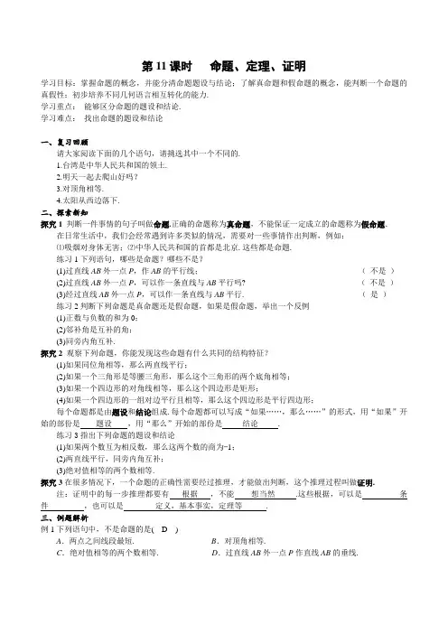 学案：《第11课时 命题、定理、证明》答案