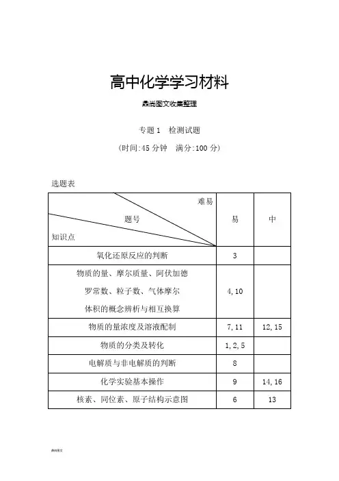 苏教版高中化学必修一专题1 检测试题.doc