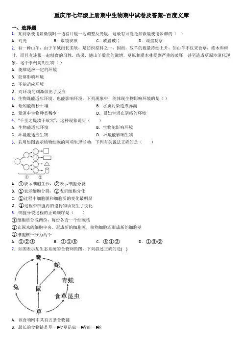 重庆市七年级上册期中生物期中试卷及答案-百度文库