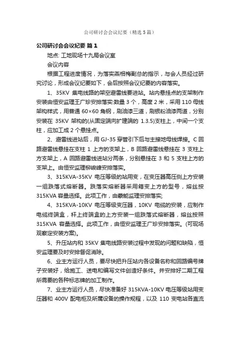 公司研讨会会议纪要（精选5篇）