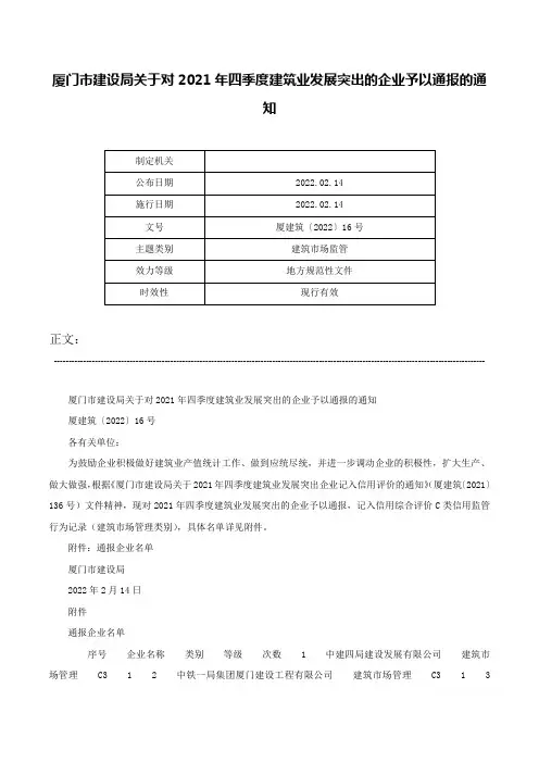 厦门市建设局关于对2021年四季度建筑业发展突出的企业予以通报的通知-厦建筑〔2022〕16号
