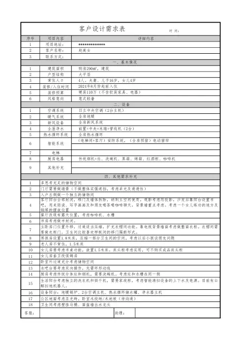 装修设计客户需求表(范)
