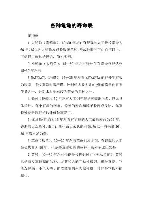各种龟龟的寿命表
