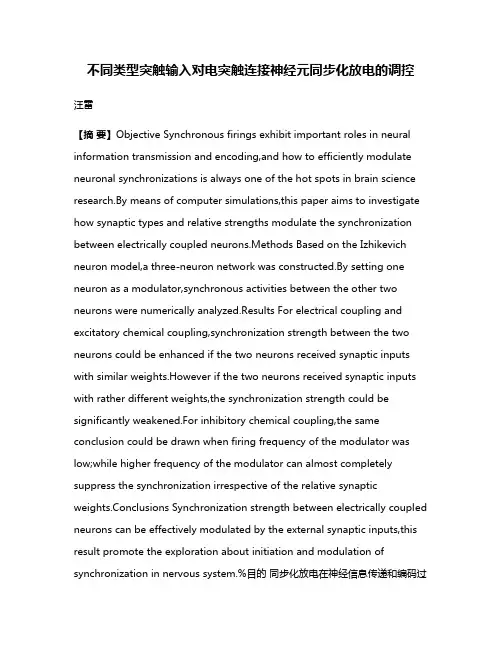 不同类型突触输入对电突触连接神经元同步化放电的调控