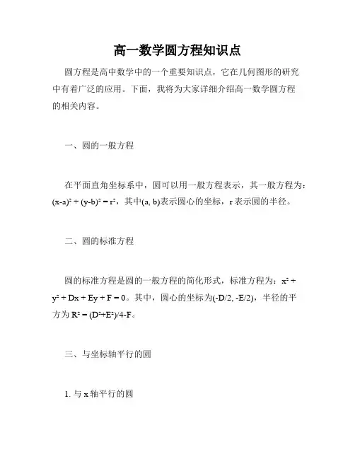 高一数学圆方程知识点