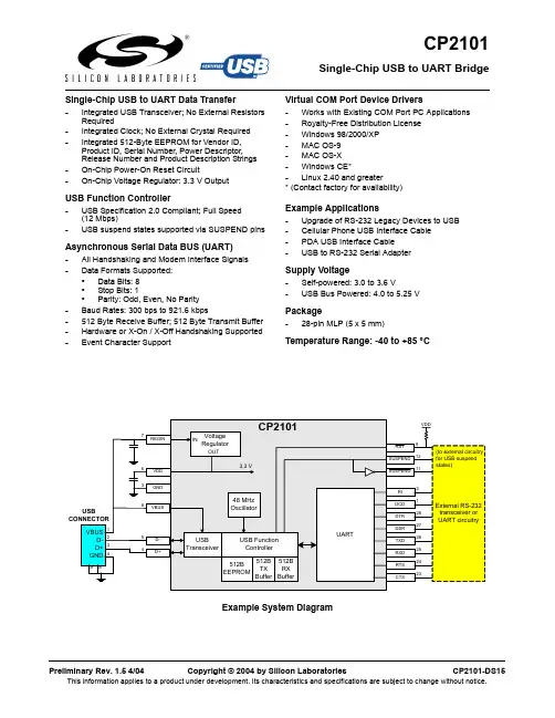 SiLabs CP2101单芯片USB到UART桥数据手册说明书