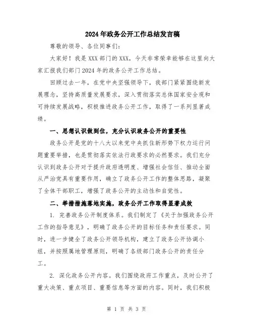 2024年政务公开工作总结发言稿