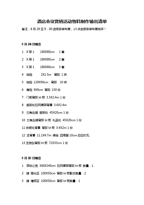 酒店会议营销活动物料制作输出清单
