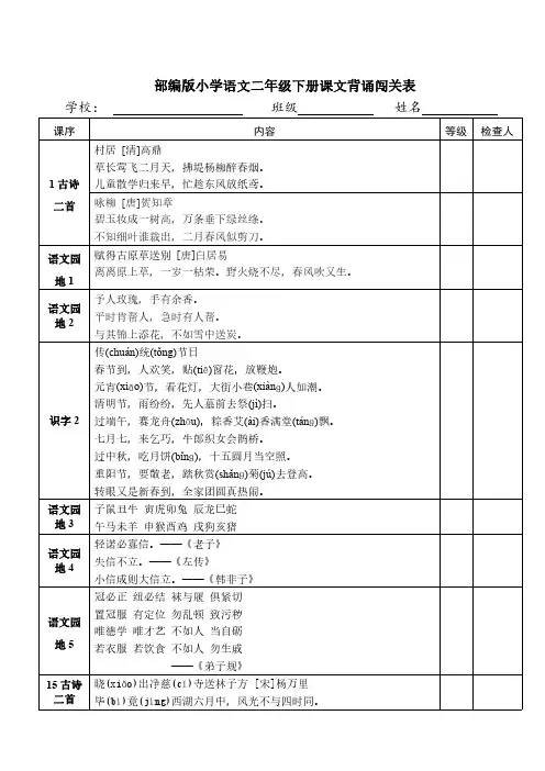 部编版小学语文2年级下册课文背诵闯关表
