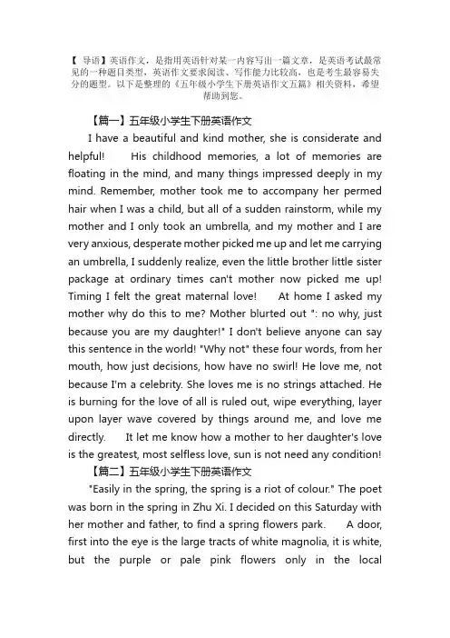 五年级小学生下册英语作文五篇