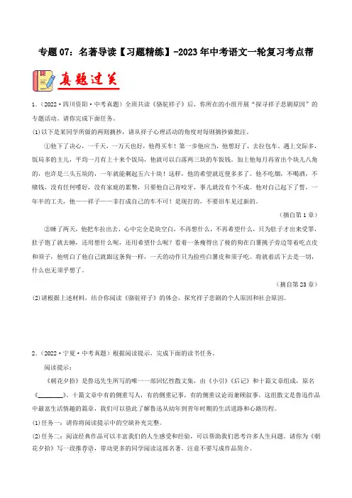 专题07：名著导读【习题精练】-备战2023年中考语文一轮复习考点帮(全国通用)(原卷版)