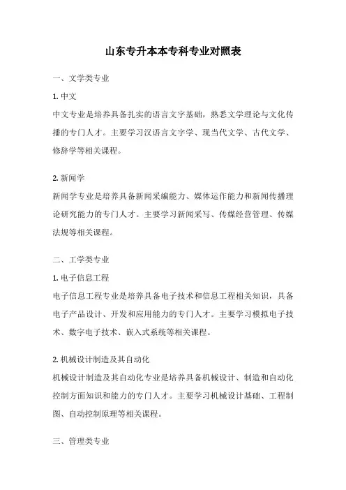 山东专升本本专科专业对照表