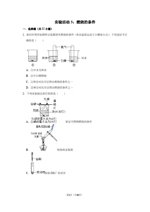 第七单元实验活动3燃烧的条件同步练习(一)-2021_2022学年九年级化学人教版上册