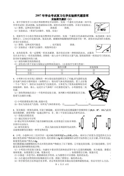 2007年学业考试复习化学实验探究题荟萃
