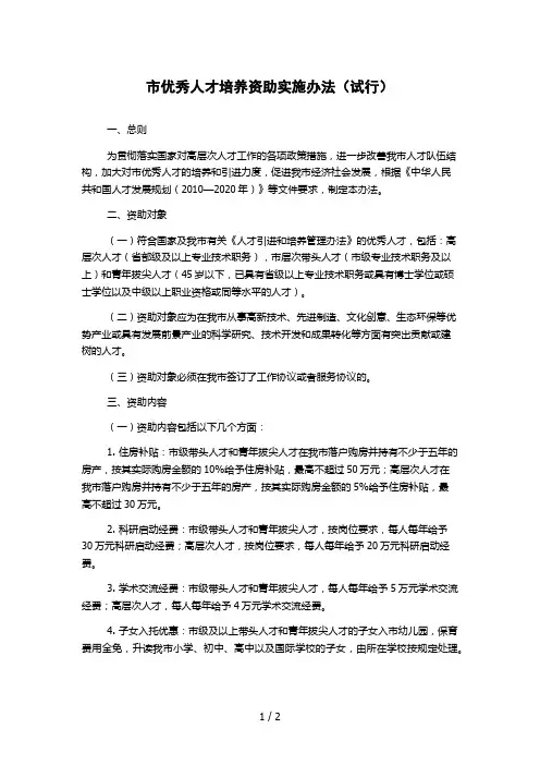 市优秀人才培养资助实施办法(试行)