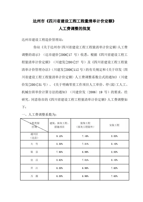 达州市《四川省建设工程工程量清单计价定额》人工费调整的批复
