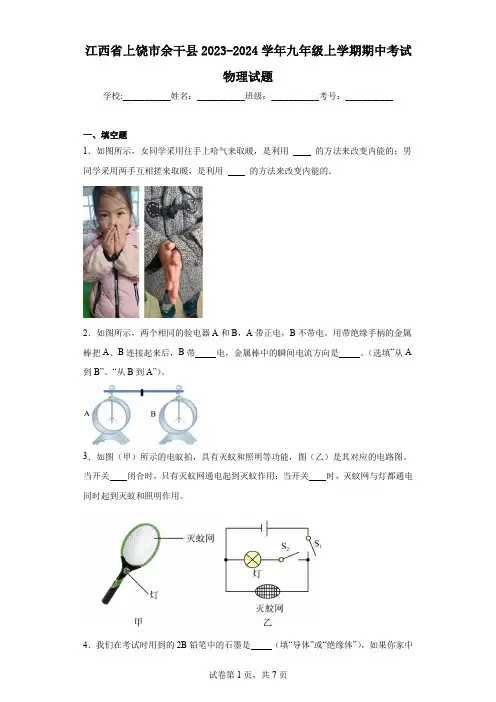 江西省上饶市余干县2023-2024学年九年级上学期期中考试物理试题