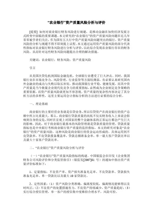 “农业银行”资产质量风险分析与评价