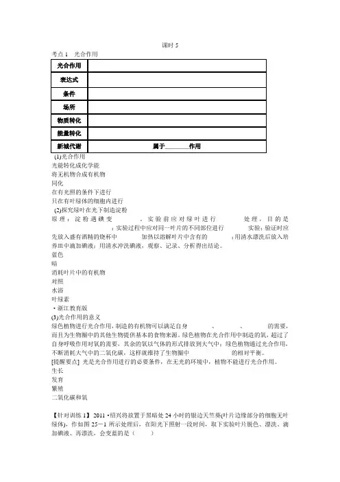 浙江省绍兴市中考科学一轮复习 第5课时《绿色植物的新城代谢》