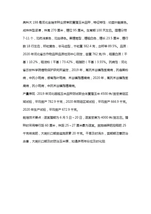 奥科大198玉米种子简介