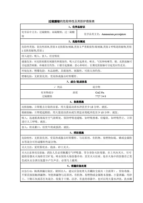过硫酸铵的危险特性及其防护措施表(格式规范)