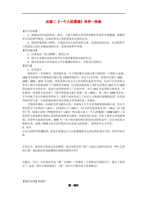 高中语文《一个人的遭遇》导学案 苏教版必修2