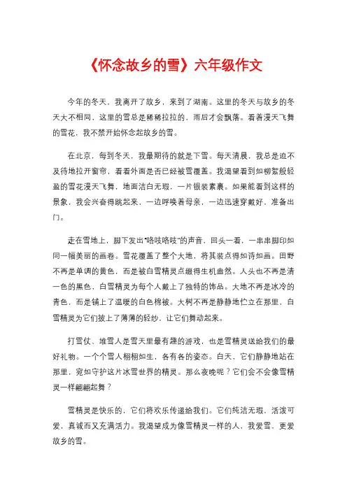 《怀念故乡的雪》六年级作文