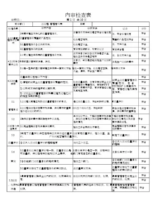 ISO13485内审检查表(完整各部门)