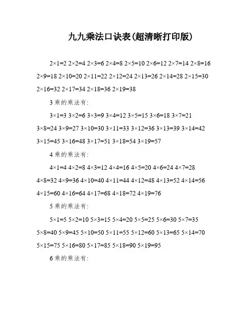 九九乘法口诀表(超清晰打印版)