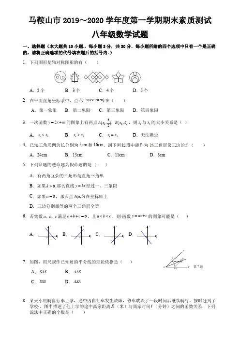 安徽省马鞍山市2019-2020学年第一学期期末八年级数学试题