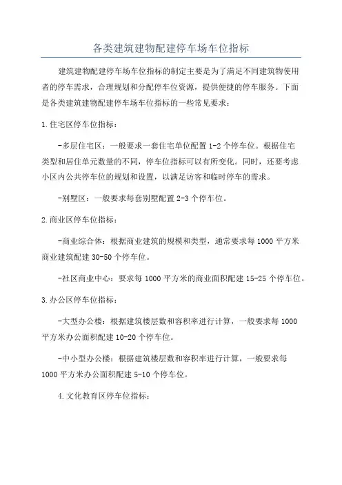 各类建筑建物配建停车场车位指标