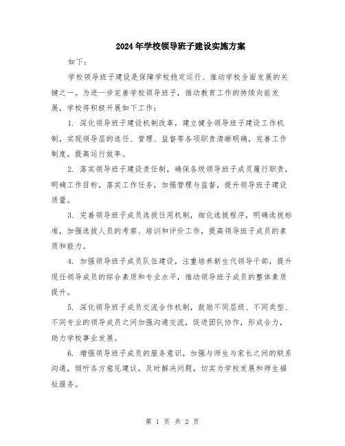 2024年学校领导班子建设实施方案