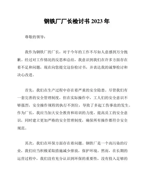 钢铁厂厂长检讨书2023年