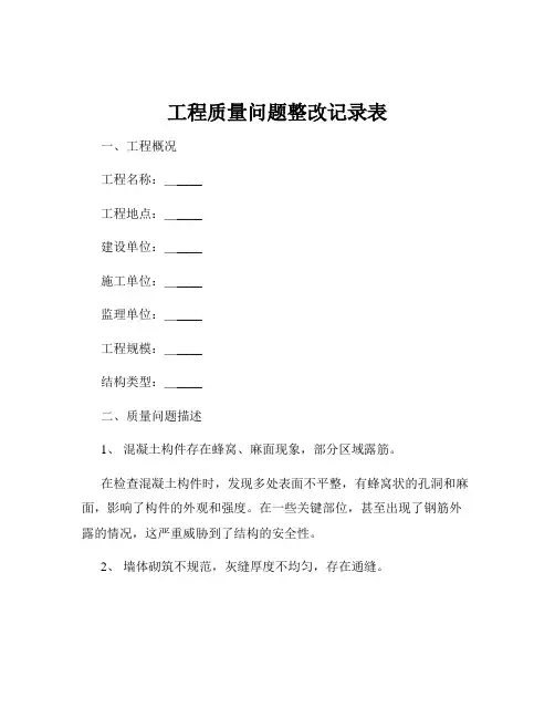 工程质量问题整改记录表