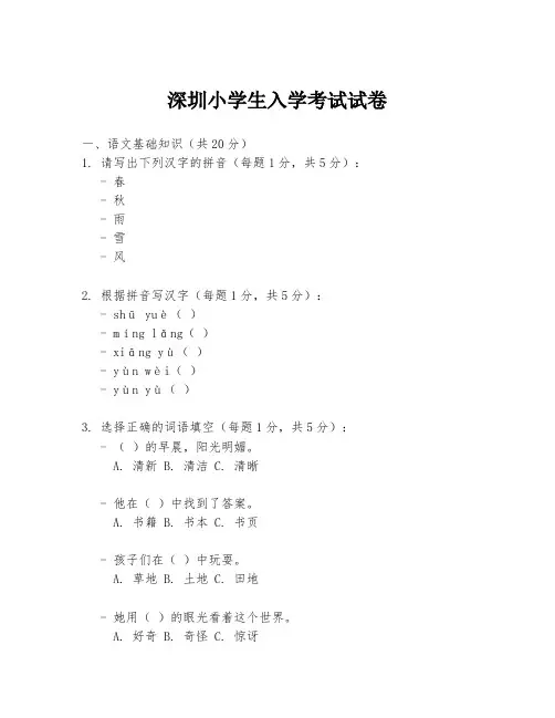 深圳小学生入学考试试卷