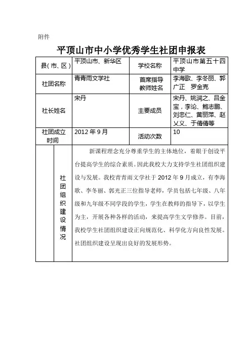 中小学生优秀社团评选申请表