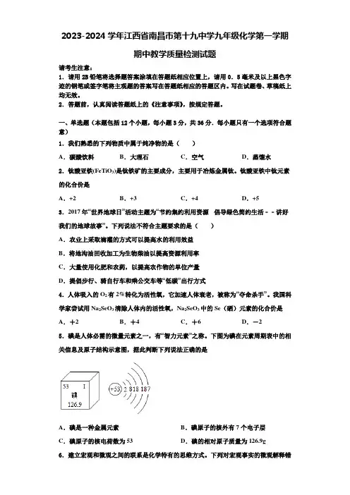2023-2024学年江西省南昌市第十九中学九年级化学第一学期期中教学质量检测试题含解析