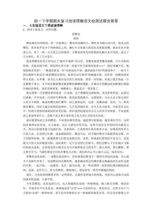 初一下学期期末复习阅读理解语文检测试题含答案