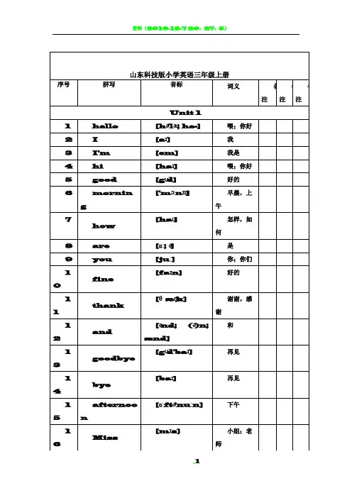 山东科技版小学英语三年级上册词汇表带音标