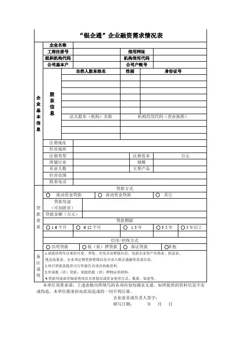 “银企通”企业融资需求情况表