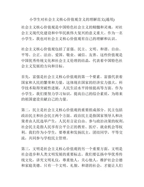 小学生对社会主义核心价值观含义的理解范文(通用)