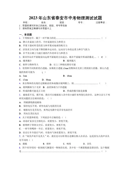 2023年山东省泰安市中考物理测试试题及解析