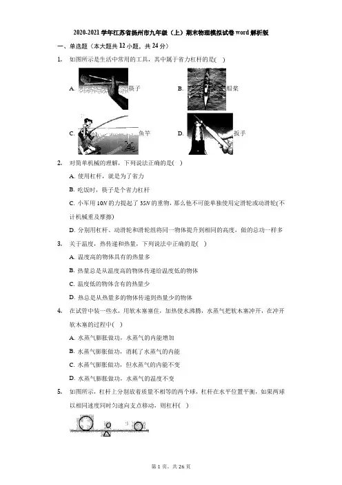 2020-2021学年江苏省扬州市九年级(上)期末物理模拟试卷word解析版