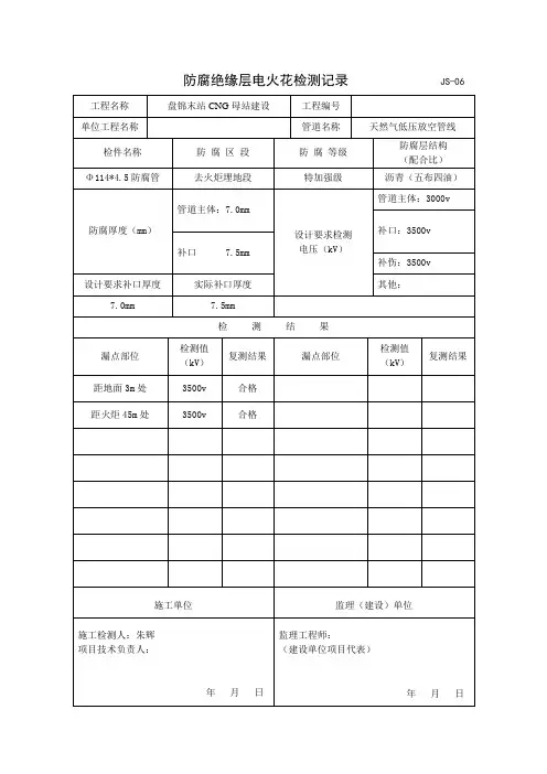 防腐绝缘层电火花检测记录                   JS